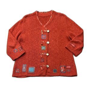 Icelandic Design Cardigan Sweater Womens Large Orange Button Front 3/4 Sleeves